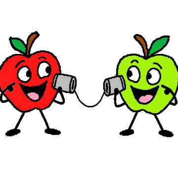 The two apples point at their own faces as the dual displays